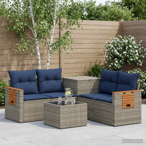 vidaXL Bankstel 6 st Grijs en Marineblauw Poly Rattan en Staal