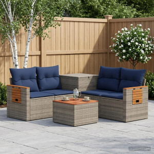 vidaXL Bankstel 6 st Grijs en Marineblauw Poly Rattan en Staal