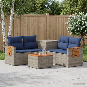vidaXL Bankstel 6 st Grijs en Marineblauw Poly Rattan en Staal