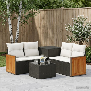 vidaXL Bankstel 6 st Zwart en Cream Wit Poly Rattan en Staal