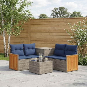 vidaXL Bankstel 6 st Grijs en Marineblauw Poly Rattan en Staal