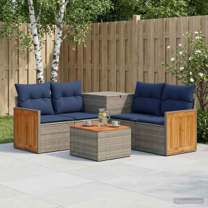 vidaXL Bankstel 6 st Grijs en Marineblauw Poly Rattan en Staal