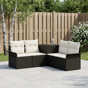 vidaXL Bankstel 5 st Zwart en Cream Wit Poly Rattan en Staal