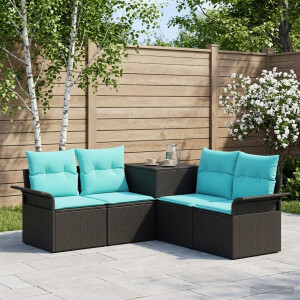 vidaXL Bankstel 5 st Zwart en Blauw Poly Rattan en Staal