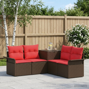 vidaXL Bankstel 5 st Bruin en Rood Poly Rattan en Staal