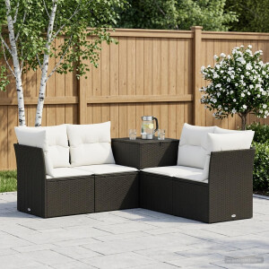 vidaXL Bankstel 5 st Zwart en Cream Wit Poly Rattan en Staal