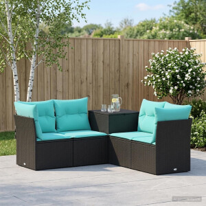 vidaXL Bankstel 5 st Zwart en Blauw Poly Rattan en Staal