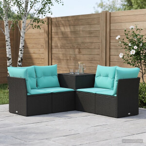 vidaXL Bankstel 5 st Zwart en Blauw Poly Rattan en Staal