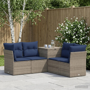 vidaXL Bankstel 5 st Grijs en Marineblauw Poly Rattan en Staal