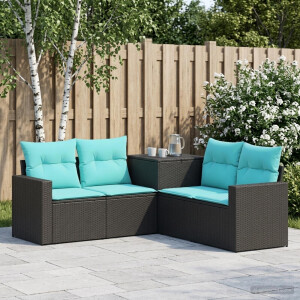vidaXL Bankstel 5 st Zwart en Blauw Poly Rattan en Staal