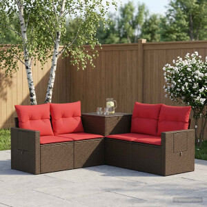 vidaXL Bankstel 5 st Bruin en Rood Poly Rattan en Staal