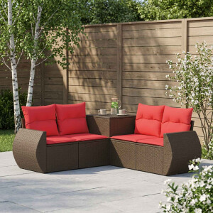 vidaXL Bankstel 5 st Bruin en Rood Poly Rattan en Staal