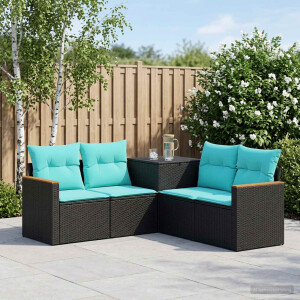 vidaXL Bankstel 5 st Zwart en Blauw Poly Rattan en Staal