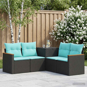 vidaXL Bankstel 5 st Zwart en Blauw Poly Rattan en Staal