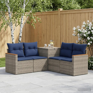 vidaXL Bankstel 5 st Grijs en Marineblauw Poly Rattan en Staal