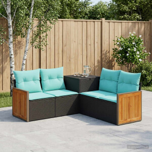 vidaXL Bankstel 5 st Zwart en Blauw Poly Rattan en Staal