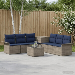 vidaXL Bankstel 8 st Grijs en Marineblauw Poly Rattan en Staal