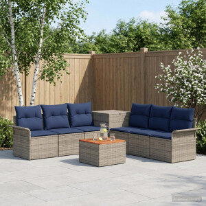vidaXL Bankstel 8 st Grijs en Marineblauw Poly Rattan en Staal
