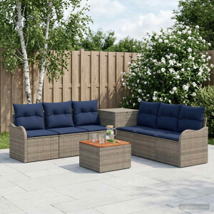 vidaXL Bankstel 8 st Grijs en Marineblauw Poly Rattan en Staal