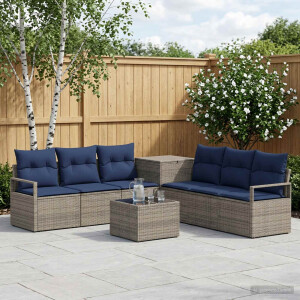 vidaXL Bankstel 8 st Grijs en Marineblauw Poly Rattan en Staal