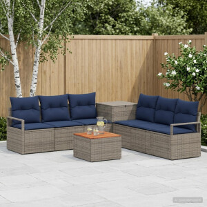 vidaXL Bankstel 8 st Grijs en Marineblauw Poly Rattan en Staal