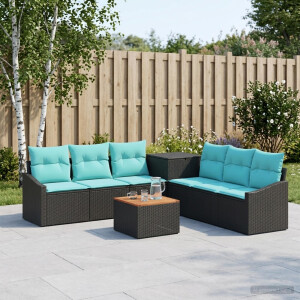 vidaXL Bankstel 8 st Zwart en Blauw Poly Rattan en Staal