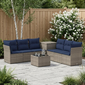 vidaXL Bankstel 8 st Grijs en Marineblauw Poly Rattan en Staal
