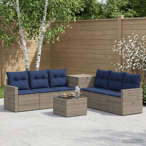 vidaXL Bankstel 8 st Grijs en Marineblauw Poly Rattan en Staal