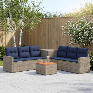 vidaXL Bankstel 8 st Grijs en Marineblauw Poly Rattan en Staal