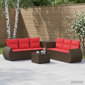 vidaXL Bankstel 8 st Bruin en Rood Poly Rattan en Staal