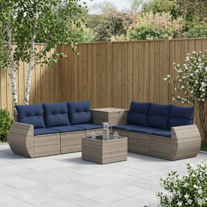 vidaXL Bankstel 8 st Grijs en Marineblauw Poly Rattan en Staal