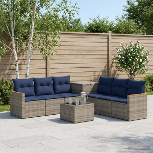vidaXL Bankstel 8 st Grijs en Marineblauw Poly Rattan en Staal