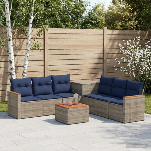vidaXL Bankstel 8 st Grijs en Marineblauw Poly Rattan en Staal