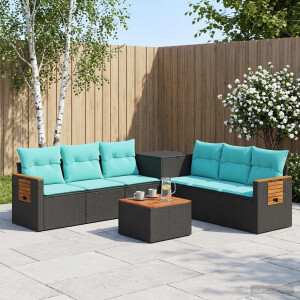 vidaXL Bankstel 8 st Zwart en Blauw Poly Rattan en Staal