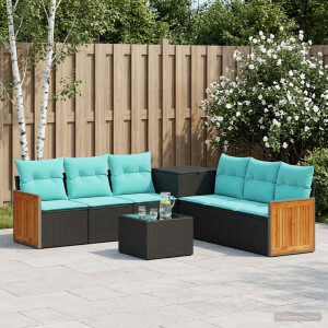 vidaXL Bankstel 8 st Zwart en Blauw Poly Rattan en Staal