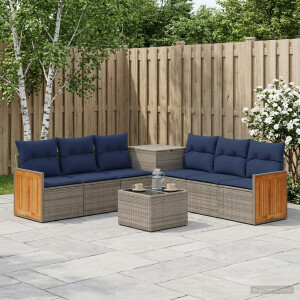 vidaXL Bankstel 8 st Grijs en Marineblauw Poly Rattan en Staal