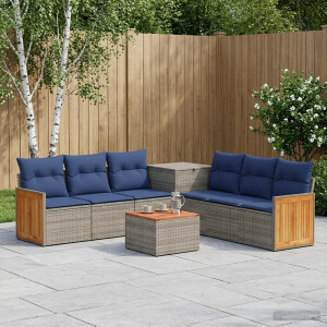 vidaXL Bankstel 8 st Grijs en Marineblauw Poly Rattan en Staal