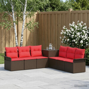 vidaXL Bankstel 7 st Bruin en Rood Poly Rattan en Staal