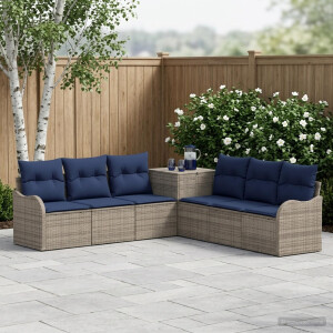 vidaXL Bankstel 7 st Grijs en Marineblauw Poly Rattan en Staal