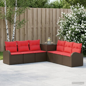 vidaXL Bankstel 7 st Bruin en Rood Poly Rattan en Staal