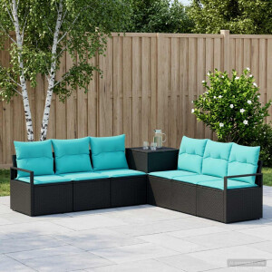 vidaXL Bankstel 7 st Zwart en Blauw Poly Rattan en Staal