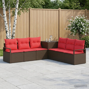 vidaXL Bankstel 7 st Bruin en Rood Poly Rattan en Staal