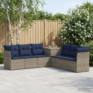 vidaXL Bankstel 7 pcs Grijs en Marineblauw Poly Rattan en Staal
