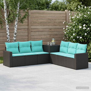 vidaXL Bankstel 7 pcs Zwart en Blauw Poly Rattan en Staal