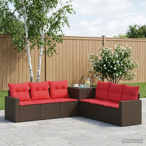 vidaXL Bankstel 7 pcs Bruin en Rood Poly Rattan en Staal