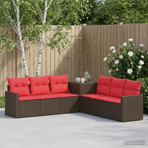 vidaXL Bankstel 7 pcs Bruin en Rood Poly Rattan en Staal