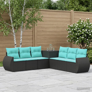 vidaXL Bankstel 7 pcs Zwart en Blauw Poly Rattan en Staal
