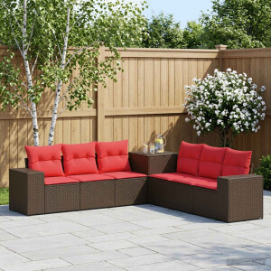 vidaXL Bankstel 7 pcs Bruin en Rood Poly Rattan en Staal