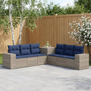 vidaXL Bankstel 7 pcs Grijs en Marineblauw Poly Rattan en Staal