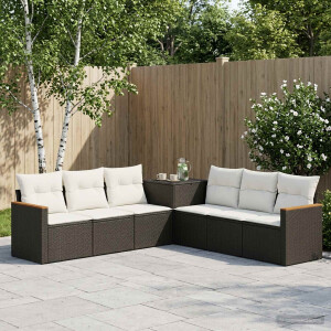 vidaXL Bankstel 7 pcs Zwart en Cream Wit Poly Rattan en Staal